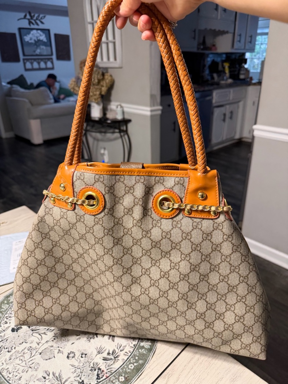 Gucci Beige Monogram Tote with Tan Leather and Signature Web Stripe - Picture 3 of 5